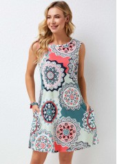 Wide Strap Printed Round Neck Dress