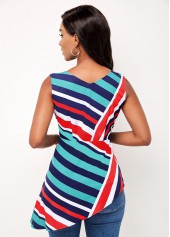 V Neck Asymmetric Hem Striped Sleeveless Blouse