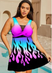 Plus Size Colorful Printed Mesh Stitching Swimdress Top-No Bottom