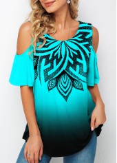 Ombre Cold Shoulder Tribal Print T Shirt