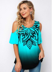 Ombre Cold Shoulder Tribal Print T Shirt