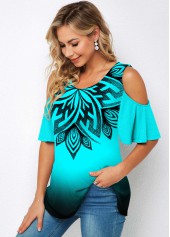 Ombre Cold Shoulder Tribal Print T Shirt