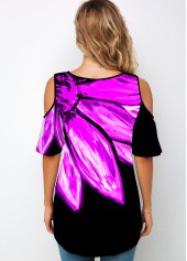 Round Neck Floral Print Cold Shoulder T Shirt