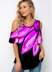 Round Neck Floral Print Cold Shoulder T Shirt