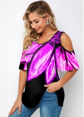 Round Neck Floral Print Cold Shoulder T Shirt