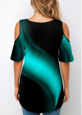 Round Neck Chevron Print Cold Shoulder T Shirt