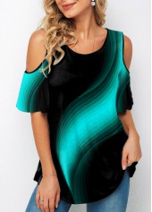 Round Neck Chevron Print Cold Shoulder T Shirt