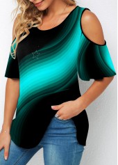 Round Neck Chevron Print Cold Shoulder T Shirt