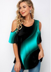 Round Neck Chevron Print Cold Shoulder T Shirt