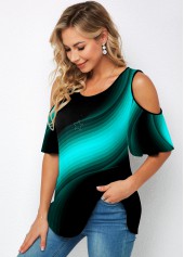 Round Neck Chevron Print Cold Shoulder T Shirt