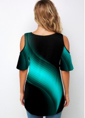 Round Neck Chevron Print Cold Shoulder T Shirt