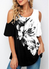 Half Sleeve Floral Print Cold Shoulder T Shirt