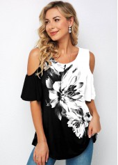Half Sleeve Floral Print Cold Shoulder T Shirt