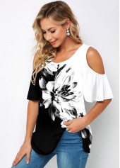 Half Sleeve Floral Print Cold Shoulder T Shirt