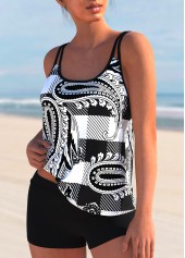 White Plaid Paisley Print Tankini Set