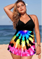 Halter Plus Size Tie Dye Print Swimdress and Shorts