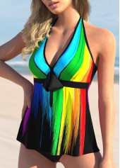 Bowknot Rainbow Color Printed Halter Tankini Set 