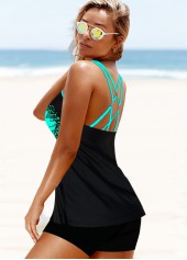 Mid Waist Sunflower Print Cross Strap Tankini Set 