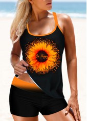 Mid Waist Sunflower Print Cross Strap Tankini Set 