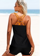 Mid Waist Sunflower Print Cross Strap Tankini Set 