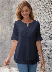 Lace Panel Split Neck Half Sleeve Blouse