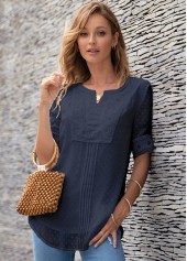 Lace Panel Split Neck Half Sleeve Blouse