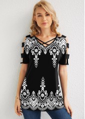 V Back Ladder Cutout Tribal Print T Shirt