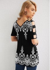 V Back Ladder Cutout Tribal Print T Shirt