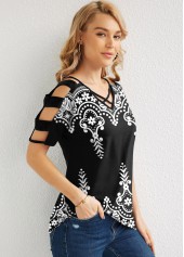 V Back Ladder Cutout Tribal Print T Shirt