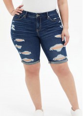 Plus Size Acid Washed Shredded Denim Shorts