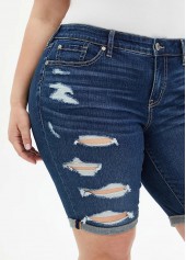 Plus Size Acid Washed Shredded Denim Shorts