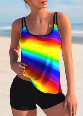 Printed Spaghetti Strap Rainbow Color Tankini Set
