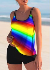 Printed Spaghetti Strap Rainbow Color Tankini Set