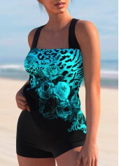 Leopard and Floral Print Cross Strap Tankini Set