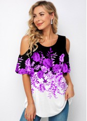 Round Neck Cold Shoulder Floral Print T Shirt