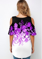 Round Neck Cold Shoulder Floral Print T Shirt