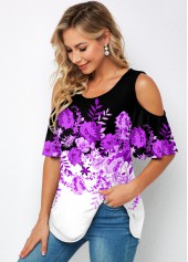 Round Neck Cold Shoulder Floral Print T Shirt