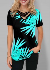 Short Sleeve Leaf Print Cross Strap T Shirt