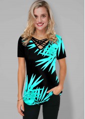 Short Sleeve Leaf Print Cross Strap T Shirt