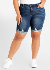 Denim Blue Shredded Plus Size Shorts