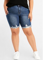 Denim Blue Shredded Plus Size Shorts
