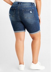 Denim Blue Shredded Plus Size Shorts