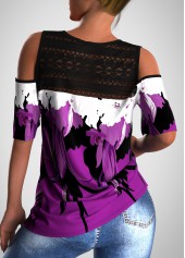 Floral Print Lace Stitching Cold Shoulder T Shirt