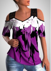 Floral Print Lace Stitching Cold Shoulder T Shirt