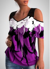 Floral Print Lace Stitching Cold Shoulder T Shirt