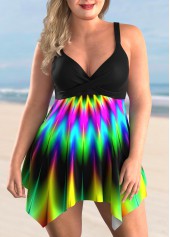 Colorful Plus Size Asymmetric Hem Swimdress and Panty