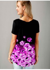 Split Neck Floral Print Short Sleeve T Shirt