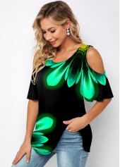 Floral Print Cold Shoulder Colorful T Shirt