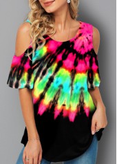 Half Sleeve Tie Dye Print Cold Shoulder T Shirt
