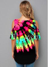Half Sleeve Tie Dye Print Cold Shoulder T Shirt